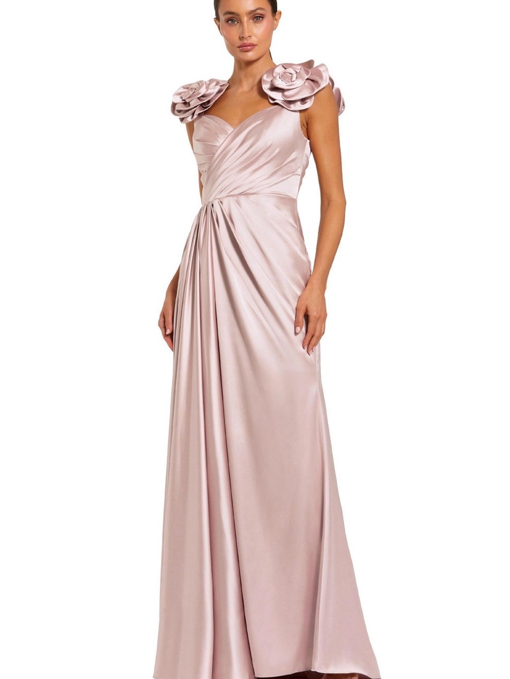 Women's Faux Wrap Satin Gown With 3D Flower Straps